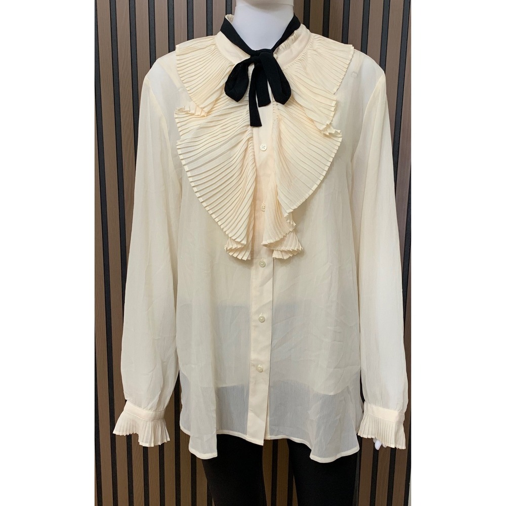 J.Crew Pleated Ruffle Blouse Antique White Black Velvet Tie BD792 Size 16 NEW